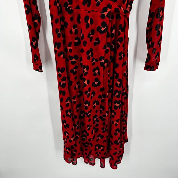 CABI Siren Red Black Leopard Print Sheer Sleeve Midi Wrap Dress Size Medium - Picture 5 of 8
